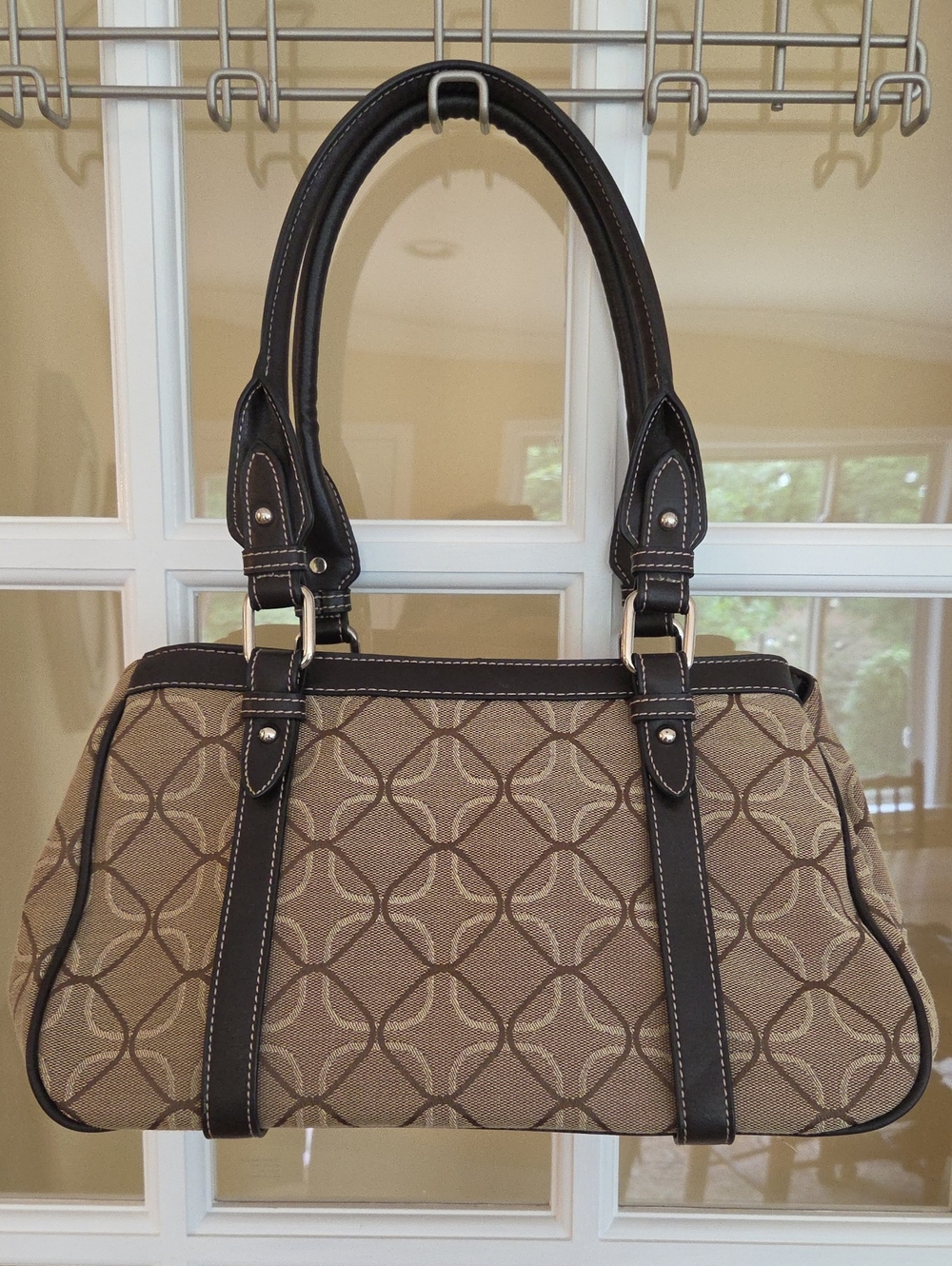 Vtg Nine West Beige Patterned Satchel/ Over Shoulder Bag with Dark Brown Trim - Picture 5 of 15